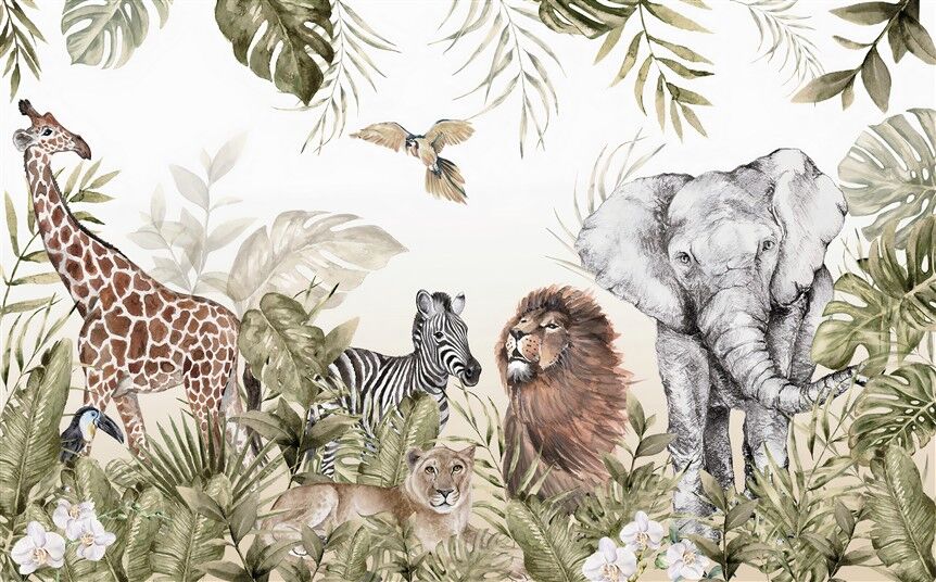 Vahşi Yaşam Duvar Kağıdı - Safari Desenli - Aslan, Fil, Zürafa, Zebra ve Maymun Temalı
