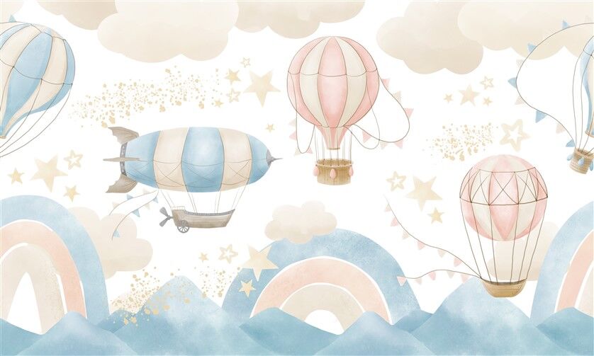 Pastel Tonlarında Sıcak Hava Balonları ve Hava Gemisi - Bulutlar ve Yıldızlar Poster