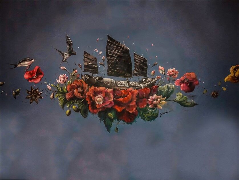 Çiçekler ve Kuşlar ile Süslenmiş Gemi Posteri
