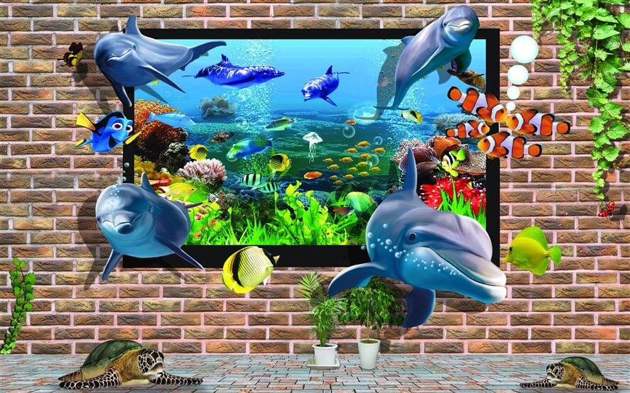 3D Deniz Altı Dünyası - Yunuslar ve Balıklarla Dolu Duvar Posteri