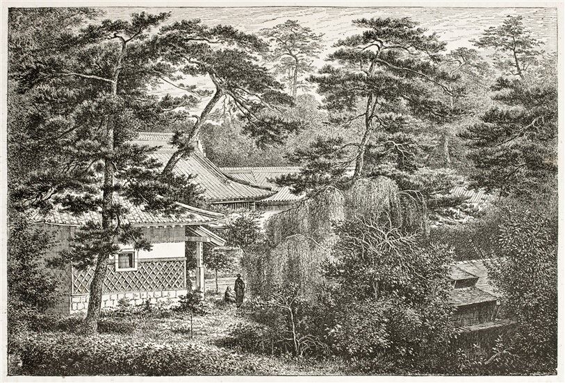 Monokrom Japon Bahçesi ve Geleneksel Ev Deseni Duvar Posteri