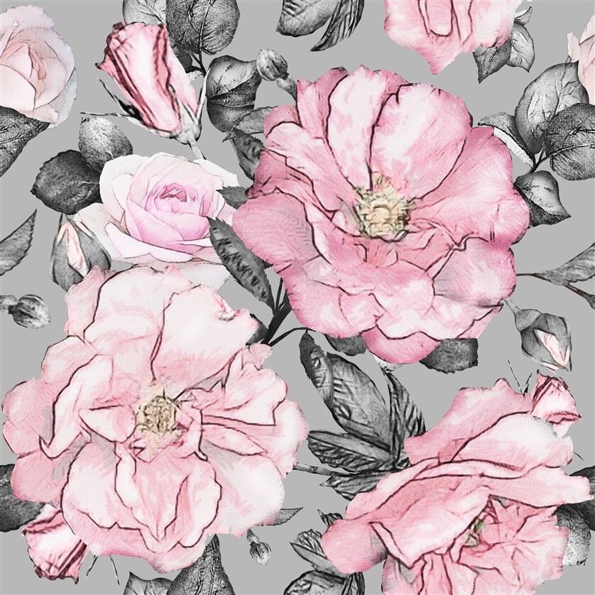 Pastel Pembe Güller ve Monokrom Yapraklar Posteri