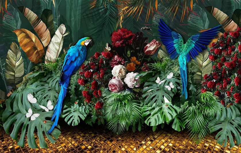 Tropical Papağana Çiçekli Desen Posteri