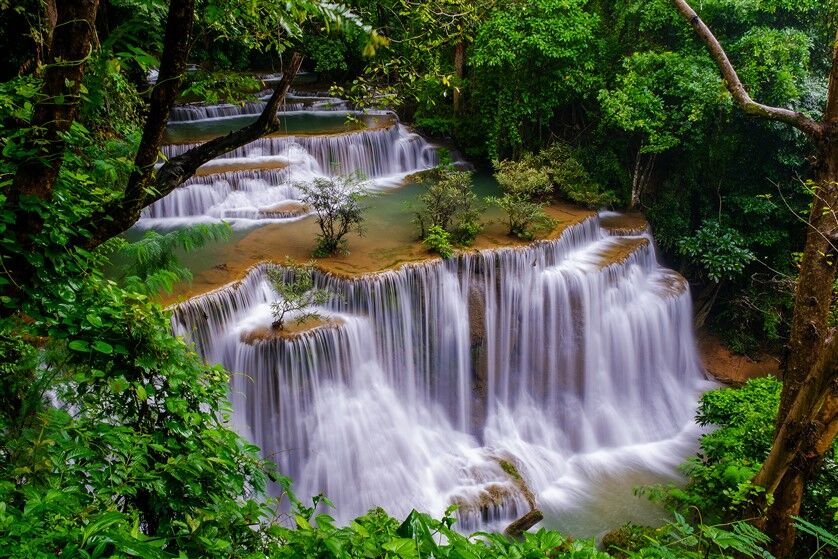 Multi-Tiered Waterfall and Lush Greenery Wall Poster