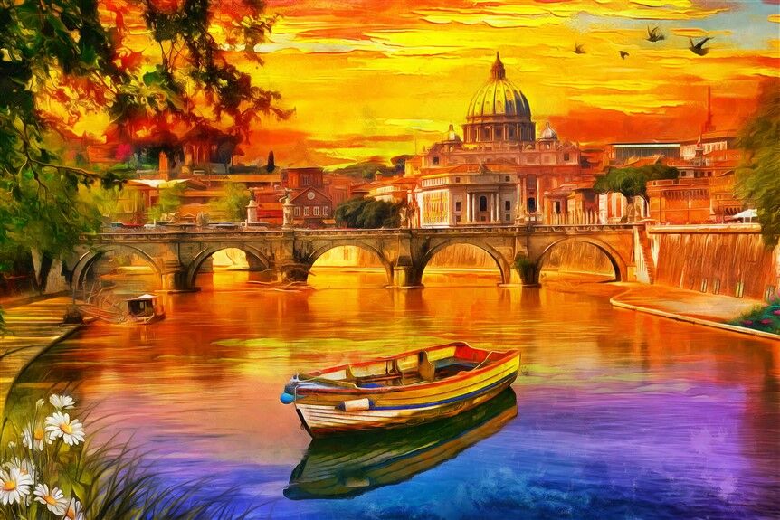 Roma Şehri Manzarasında Nehir ve Köprü Duvar Posteri