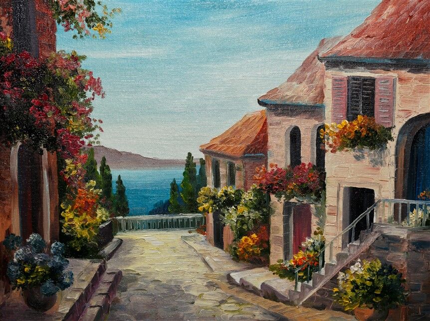 Kıyı Kasabasının Çiçeklerle Bezenmiş Sokak Manzarası Duvar Posteri