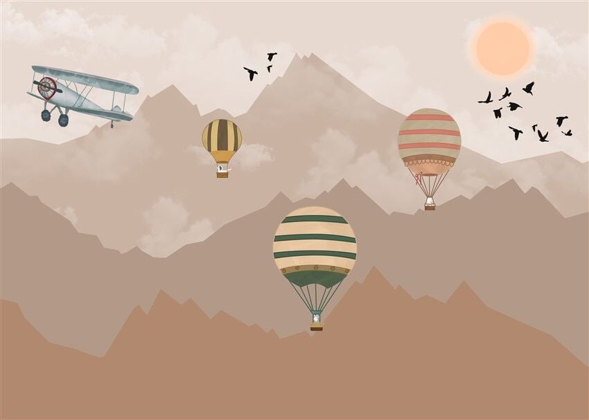 Dağ Manzarası ve Uçan Balonlar - Sakin ve Pastel Renkli Doğa Posteri