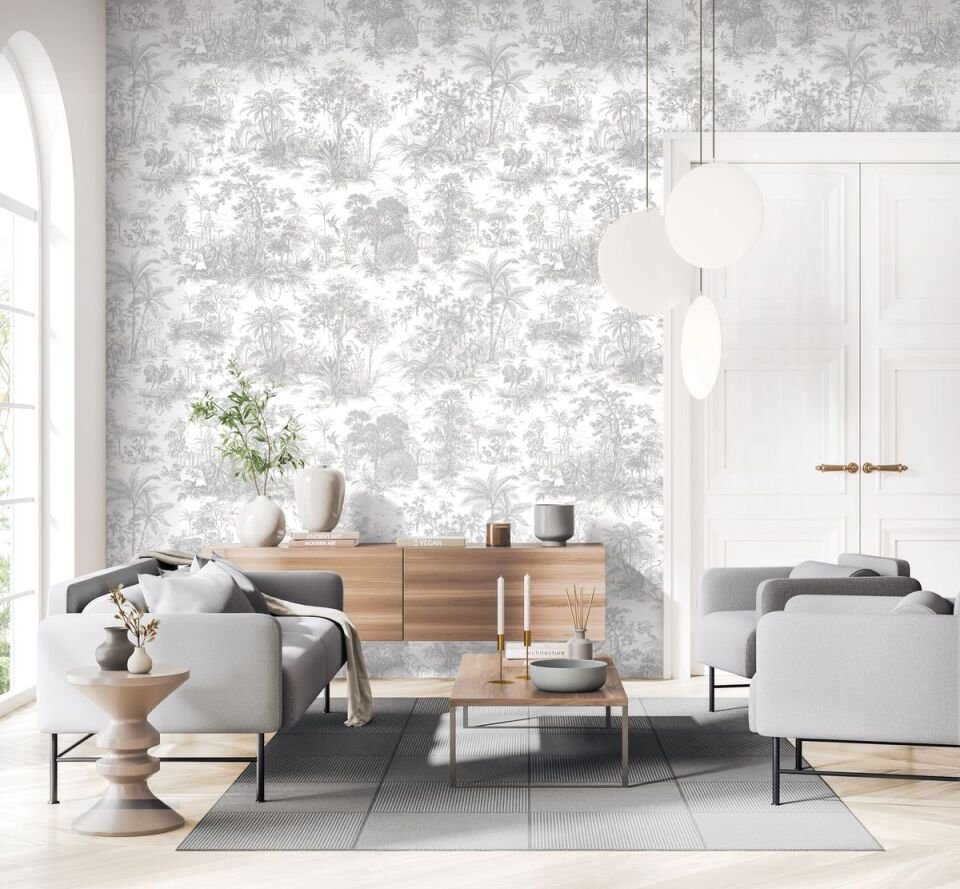 HUE 24207 Serisi - 1 Beyaz | Tropikal Orman Desenli Duvar Kağıdı