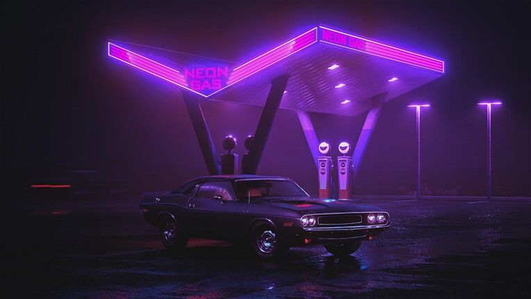 Neon Gaz İstasyonu ve Klasik Araba Posteri