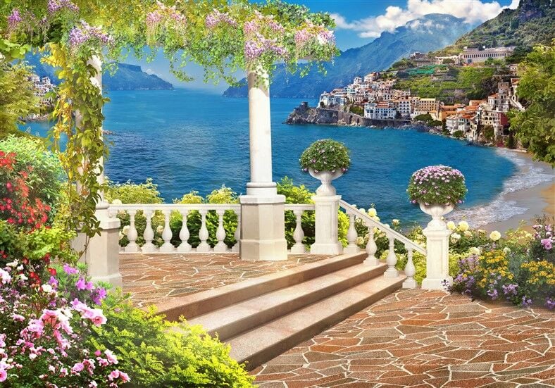 Akdeniz Rüyası: Çiçekli Teras ve Amalfi Sahili Manzarası