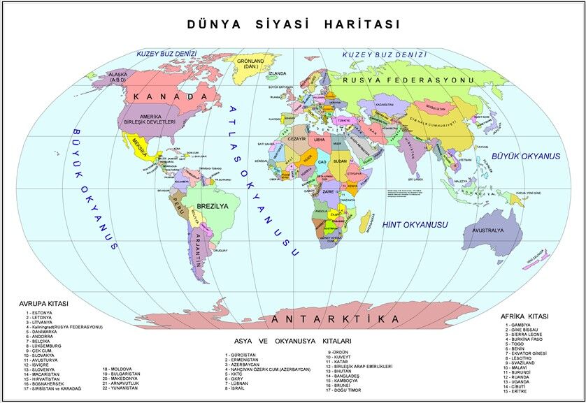 Dünya Siyasi Haritası - Ülkeler ve Kıtalarla Detaylı Coğrafi Poster