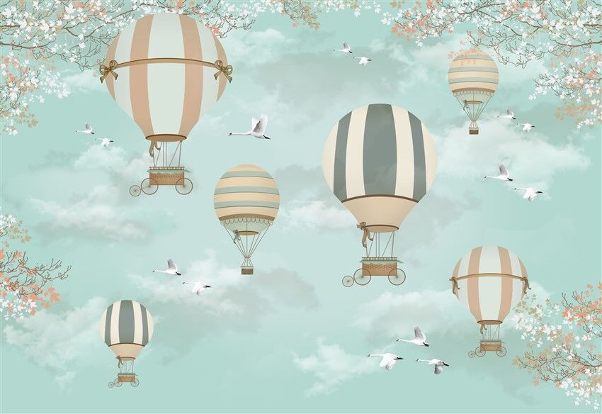 Sıcak Hava Balonları ve Kuşlar - Pastel Renkli Bulutlu Gökyüzü Posteri