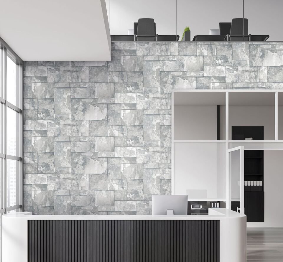 ROKA 23106 Serisi - 1 Gri | Geometrik Taş Desen Duvar Kağıdı