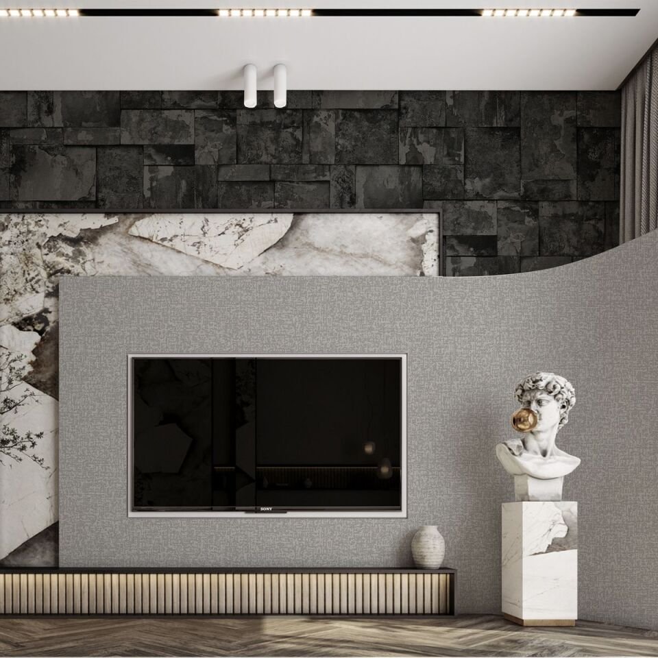 ROKA 23106 Serisi - 5 Koyu Gri Siyah | Geometrik Taş Desen Duvar Kağıdı