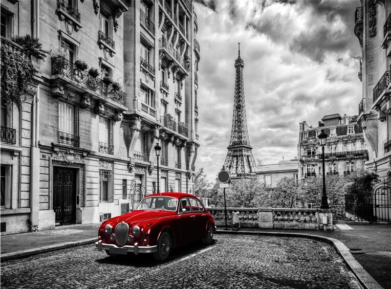 Kırmızı Klasik Araba Paris Duvar Posteri