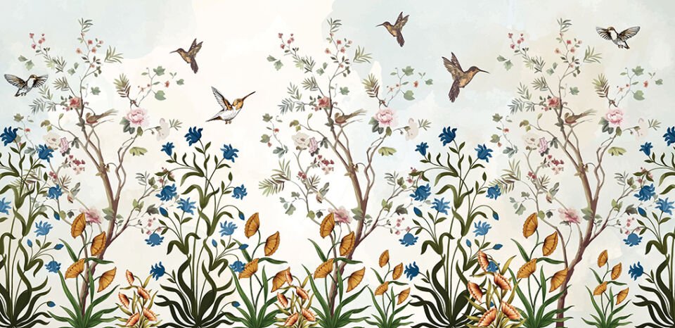 Chinoiserie Kuşlar ve Çiçekler Duvar Posteri