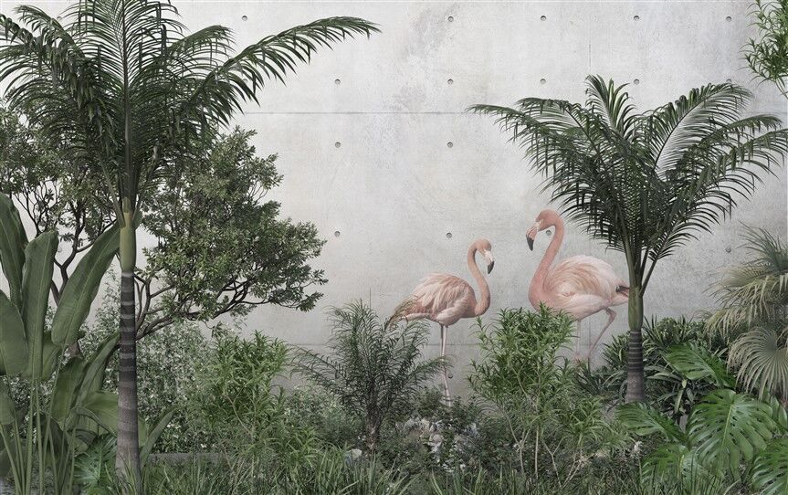 Flamingolar ve Tropikal Bitkilerle Modern Doğa Manzarası Posteri