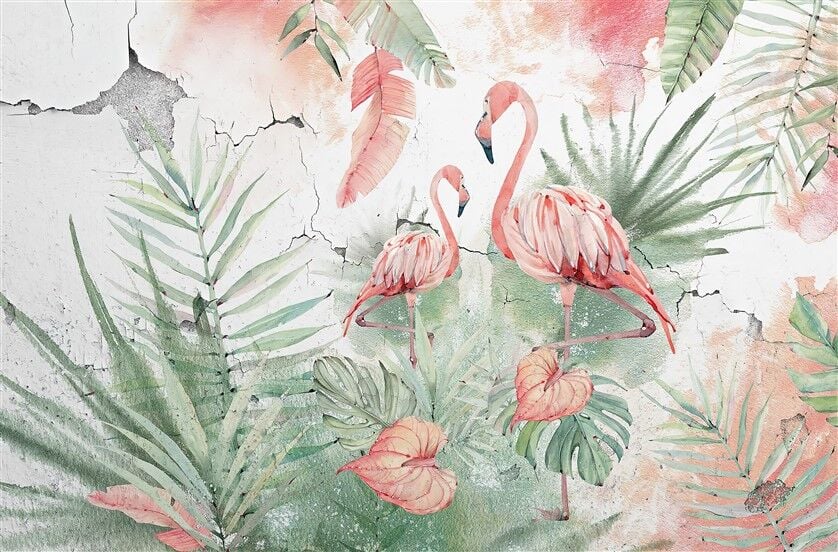 Flamingolar ve Tropikal Yeşillikler ile Soyut Doğa Posteri
