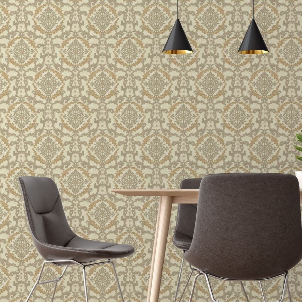 EPHES 6802 Serisi - 4 Bej Koyu | Damask Desenli Duvar Kağıdı