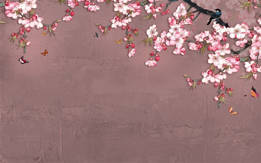 Pembe Çiçekler ve Kelebeklerle Bahar Rüyası Duvar Posteri