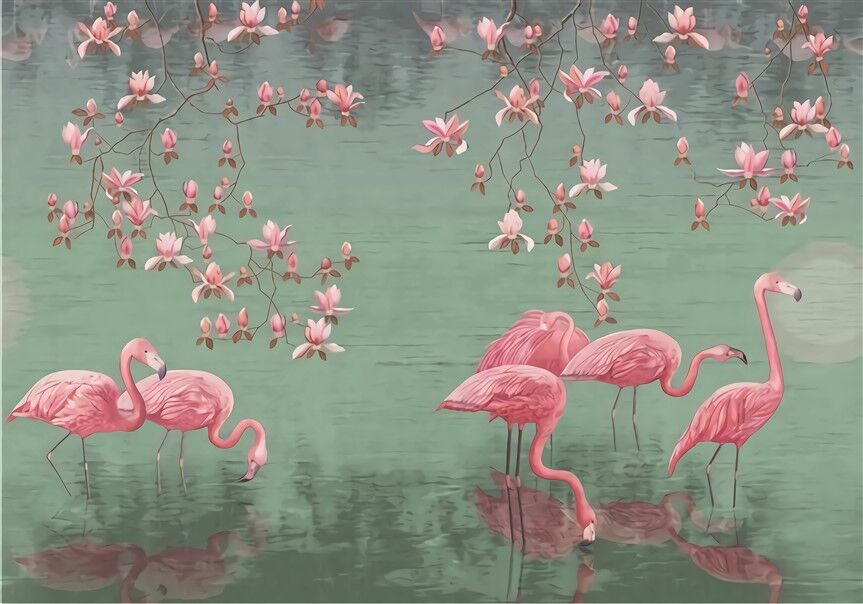 Pembe Flamingolar ve Tropikal Çiçekler - Huzur Verici Doğa Posteri