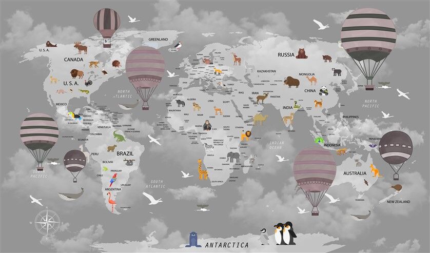 Modern Gri Dünya Haritası Sıcak Hava Balonları ve Hayvanlar Duvar Posterleri