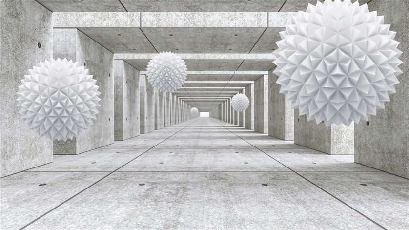 Beton Koridor ve Geometrik Spiky Küreler Duvar Posteri