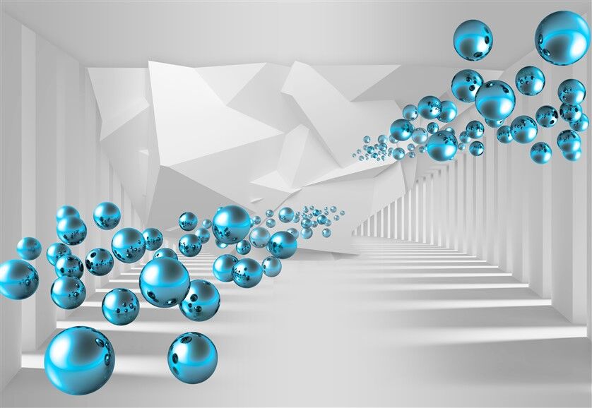 Futuristic Blue Spheres in Geometric Corridor Wall Poster