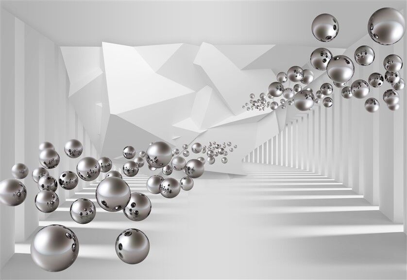 Futuristic Floating Metallic Spheres in Geometric Corridor Wall Poster