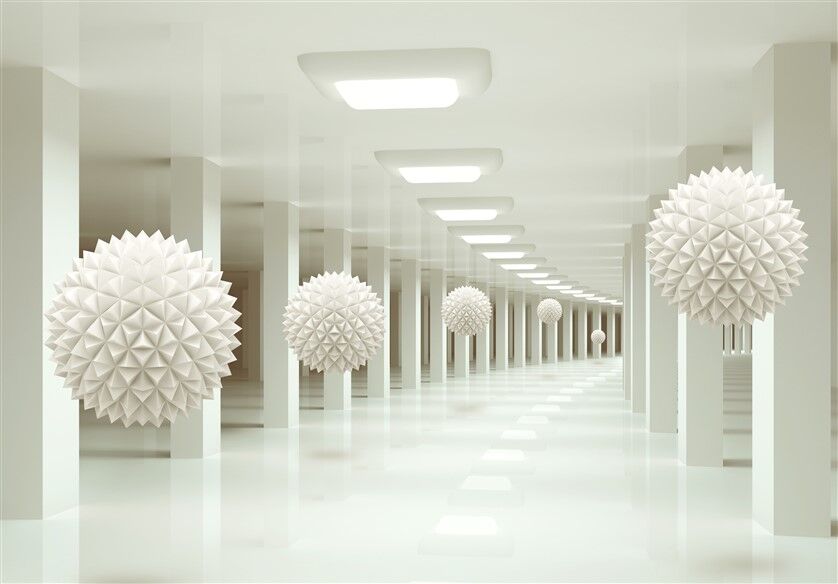 Geometric Spiky Spheres in Futuristic Corridor Wall Poster