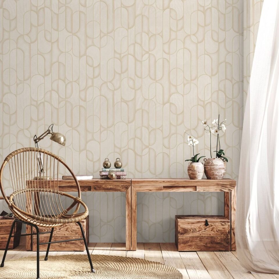 VERA 1514 Serisi - 2 Krem | Modern Geometrik Desen Duvar Kağıdı