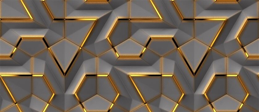 3D Gri Paneller Altın Çizgili Geometrik Desenli Lüks Duvar Posteri