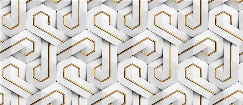 3D Beyaz Geometrik Desenli Altın Şerit Detaylı Lüks Duvar Posteri