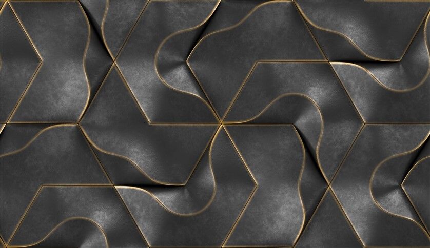 3D Siyah Dokulu Zeminde Altın Kıvrımlı Geometrik Desenli Lüks Duvar Posteri