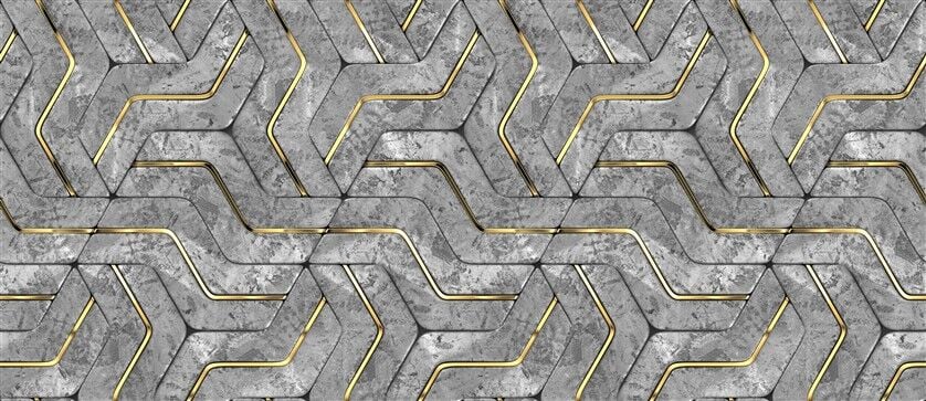 3D Beton Desenli Duvarda Altın Şeritli Geometrik Şekiller Lüks Duvar Posteri