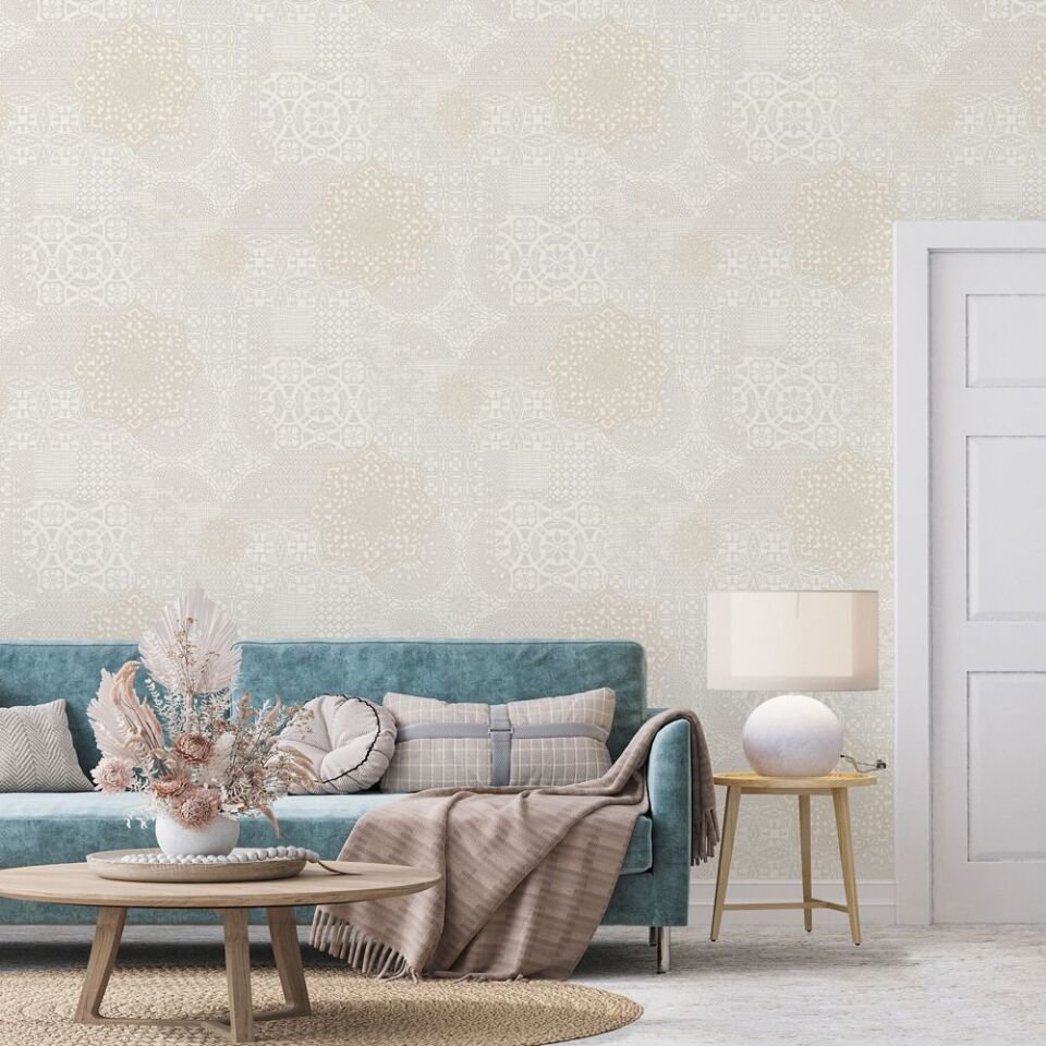 DANTE 1409 Serisi - 1 Açık Krem | Geometric Damask Desen Duvar Kağıdı