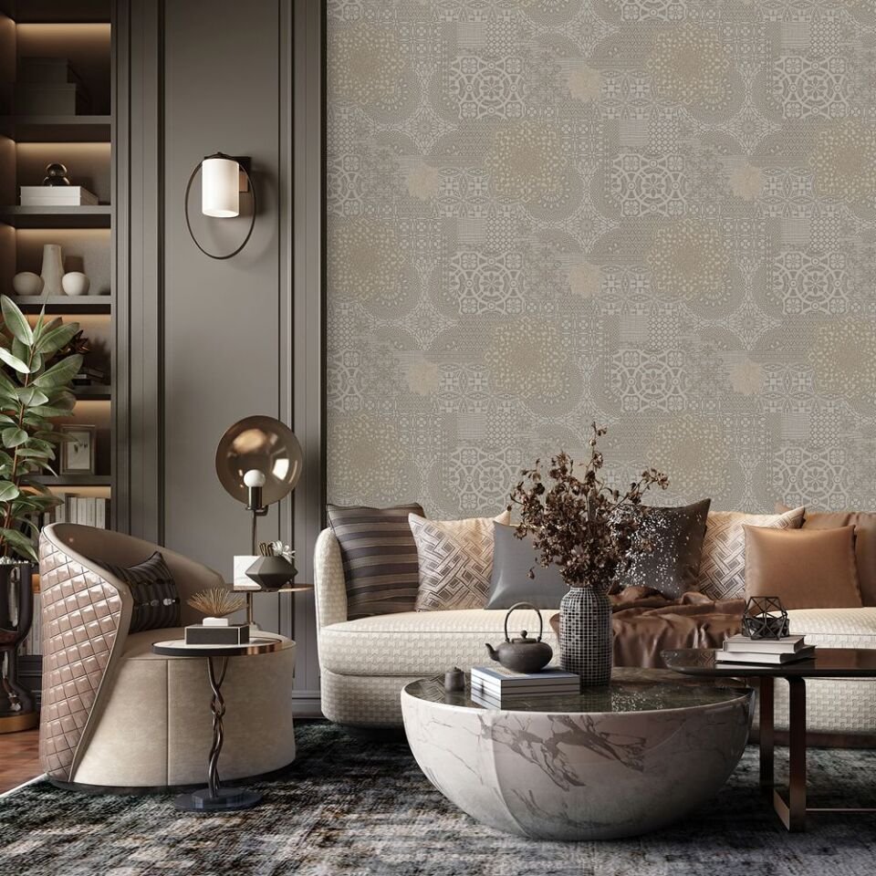 DANTE 1409 Serisi - 4 Gri | Geometric Damask Desen Duvar Kağıdı