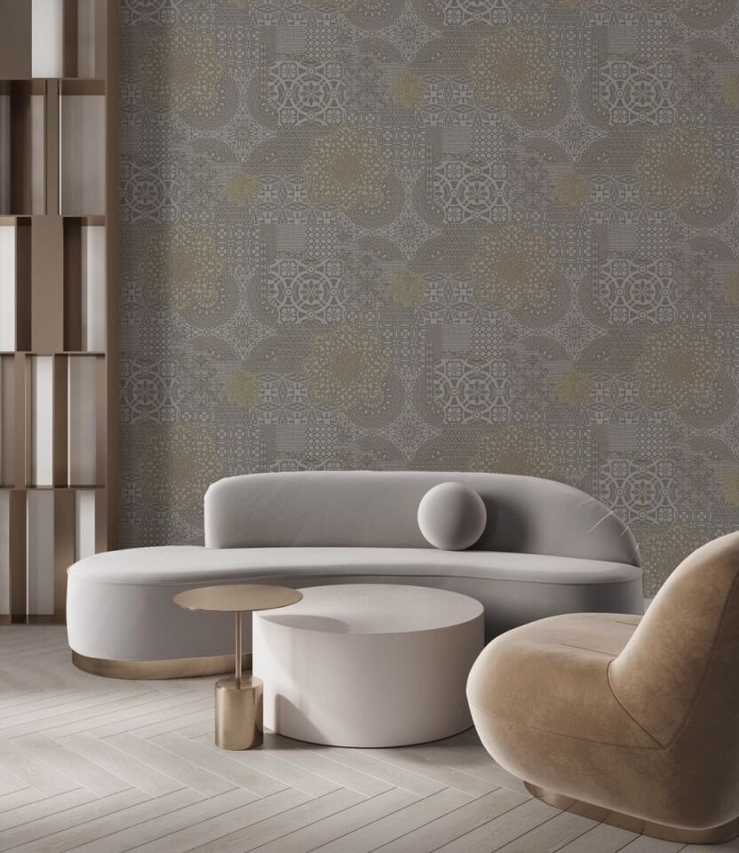 DANTE 1409 Serisi - 5 Gri | Geometric Damask Desen Duvar Kağıdı