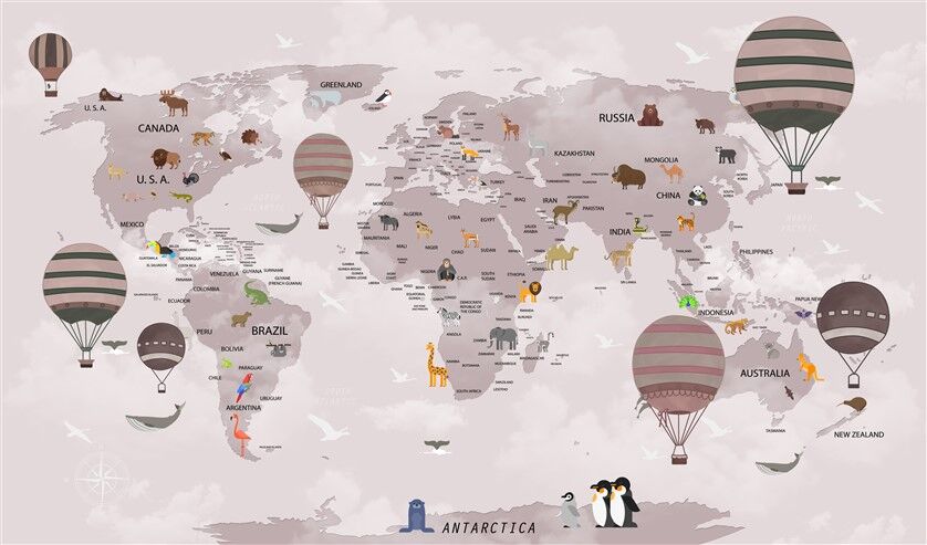 Sıcak Hava Balonları ve Hayvanlarla Dünya Haritası Çocuk Odası Duvar Posterleri