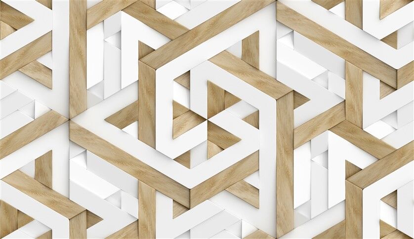 3D Ahşap ve Beyaz İç İçe Geçmiş Geometrik Desenli Modern Duvar Posteri