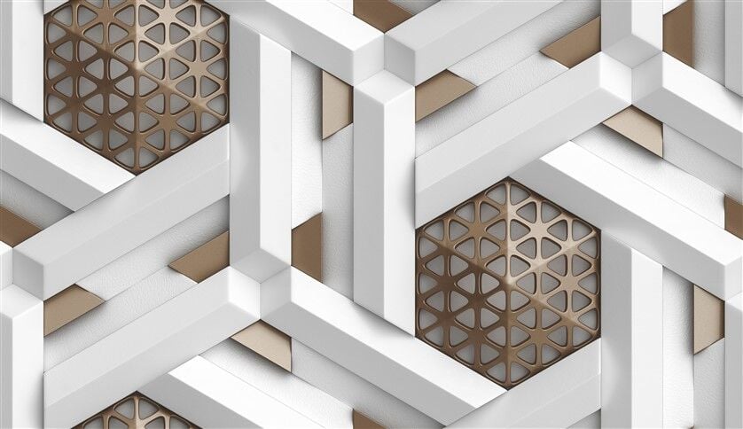 3D Beyaz Geometrik Desenli Metal Detaylı Petek Dokulu Lüks Duvar Posteri