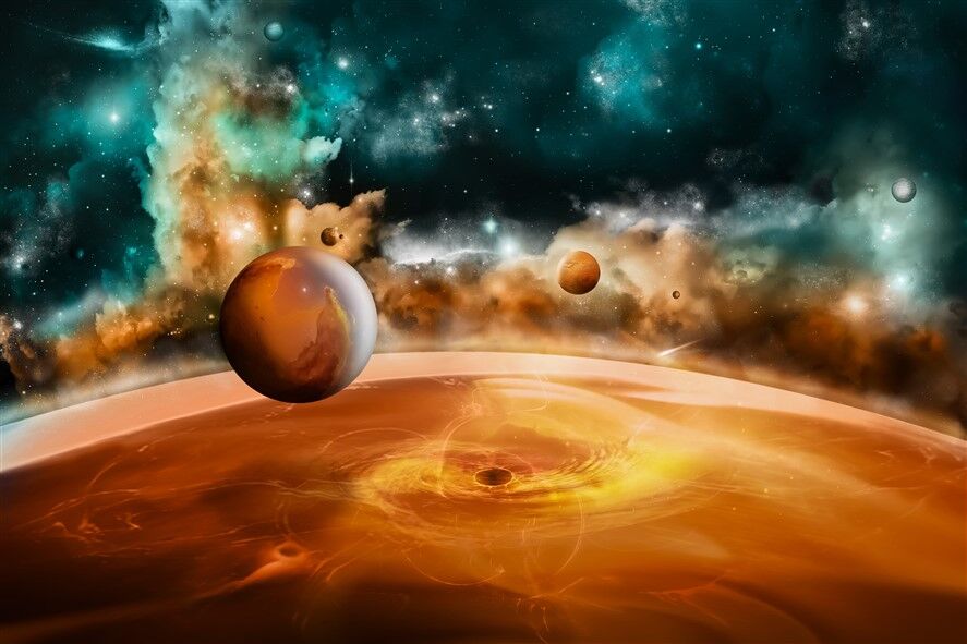 Mars ve Gezegenler Arasındaki Uzay Manzarası - Uzay Temalı Bilim Kurgu Duvar Posteri