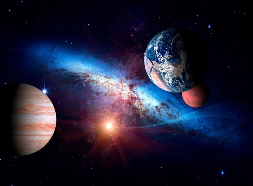 Jupiter, Dünya ve Mars Arasında Uzay Yolculuğu - Astronomi Temalı Duvar Posteri