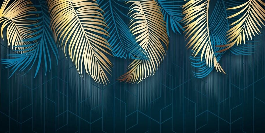 Altın ve Mavi Tonlarda Geometrik Palm Yaprakları Posteri