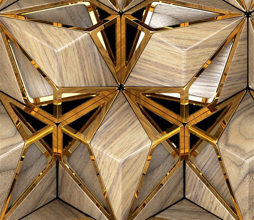 Ahşap ve Altın Detaylı 3D Geometrik Desen Duvar Posteri