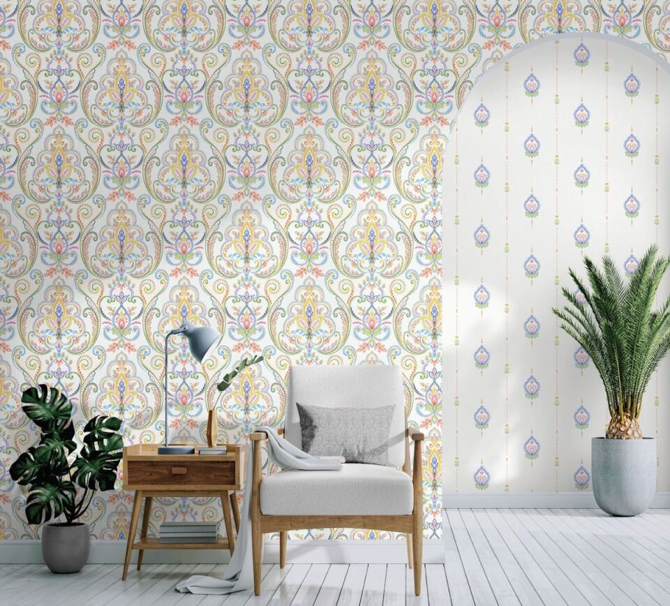 TROPICANO 9901 Serisi - 3 Krem | Renkli Damask Desen Duvar Kağıdı