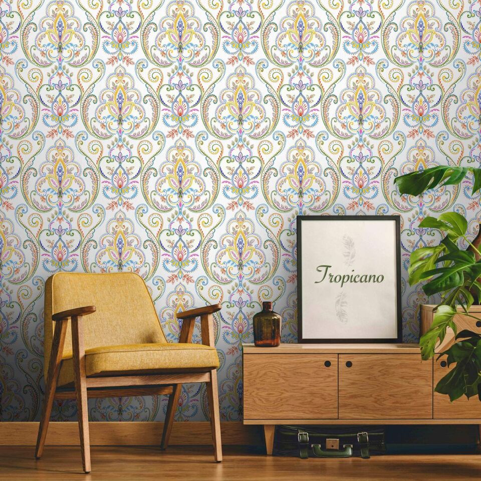 TROPICANO 9901 Serisi - 3 Krem | Renkli Damask Desen Duvar Kağıdı