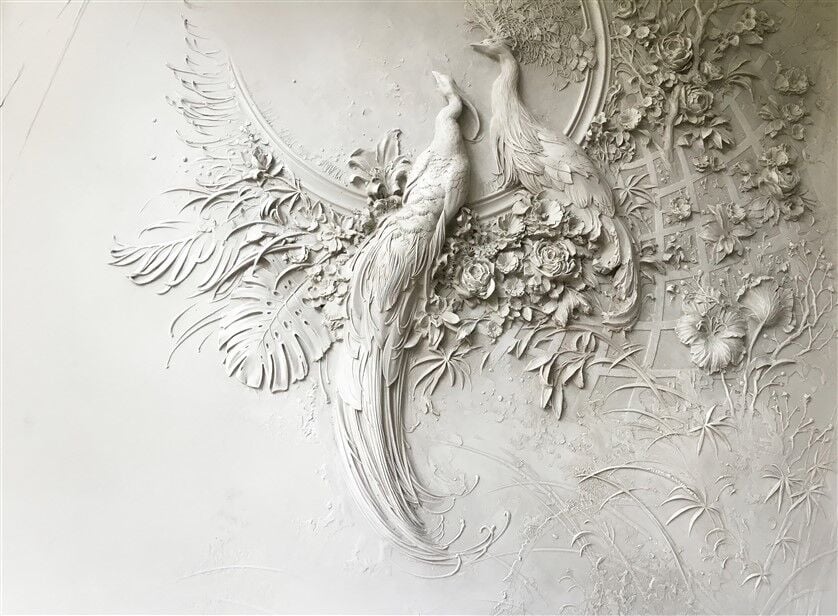 Çift Tavuskuşu Kabartmalı Floral Desen Duvar Posteri