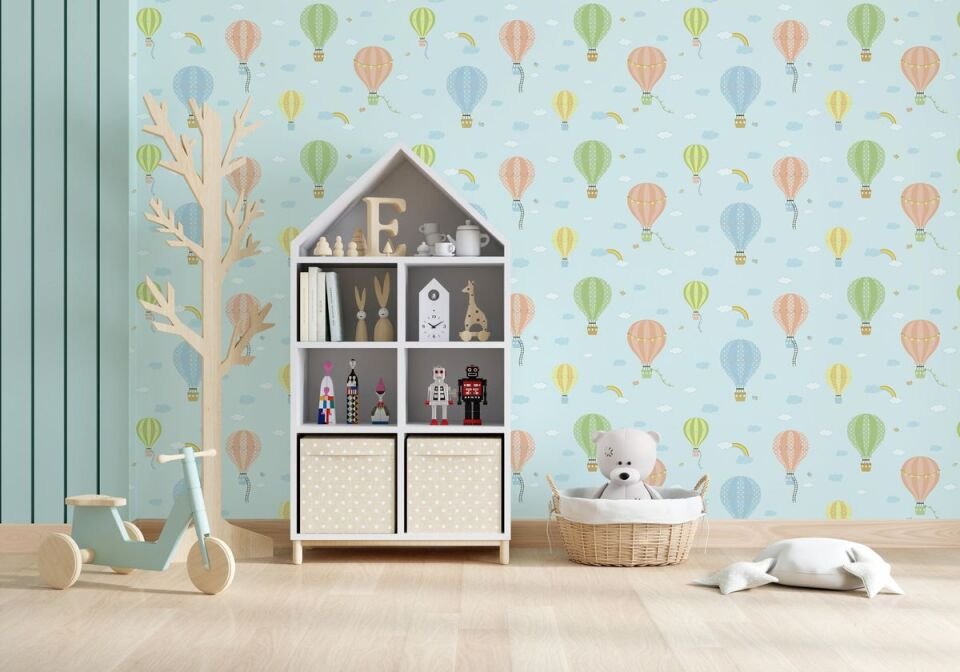 ADA KIDS 8901 Serisi - 1 Mavi Açık | Gökyüzünde Bulutlar, Uçak Balonlar ve Gökkuşağı Temalı Duvar Kağıdı