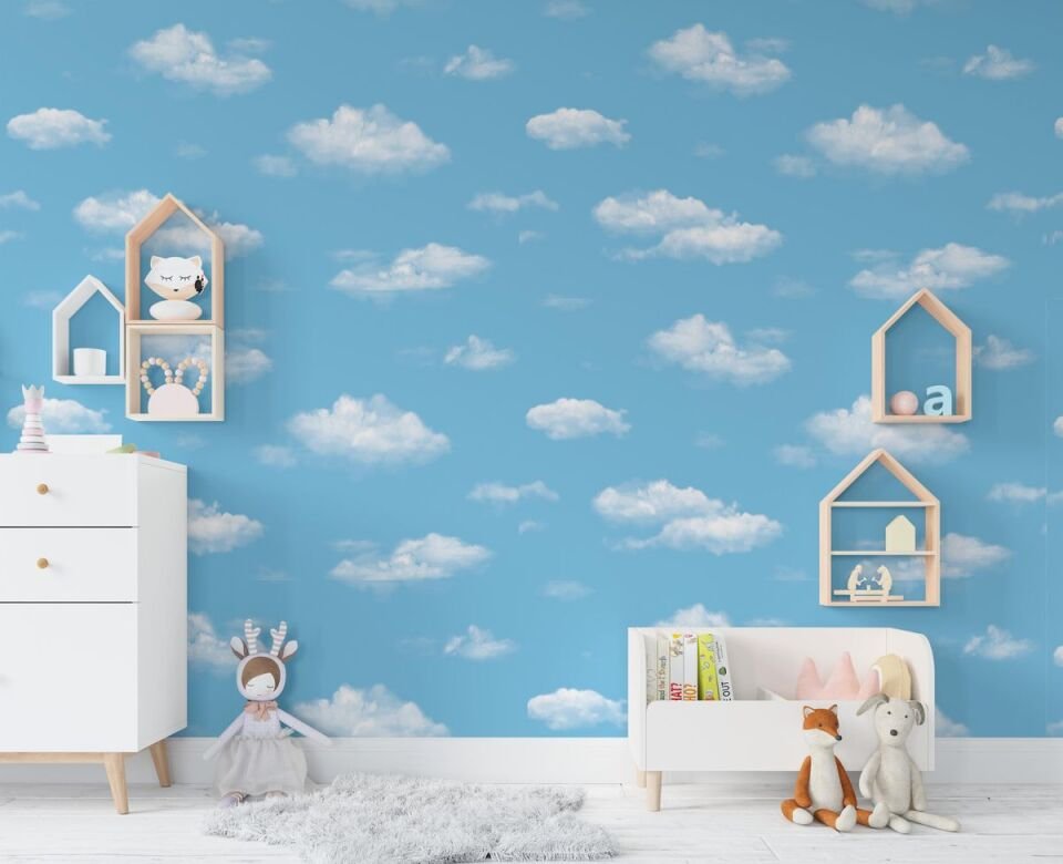 ADA KIDS 8904 Serisi - 1 Mavi Açık | Gerçekçi Bulutlarla Mavi Gökyüzü Duvar Kağıdı